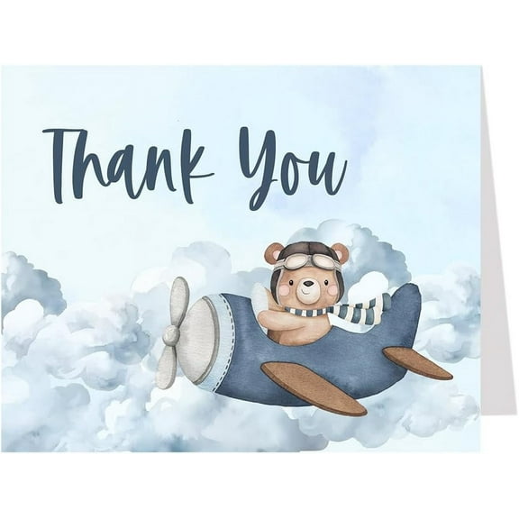 Adventure Awaits Baby Shower Thank You Cards Teddy Bear Airplane Notes With Envelopes (24 count)