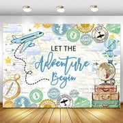 Adventure Awaits Backdrop Airplane Let The Adventure Begin Baby Shower Decorations Photography Background Bon Voyage Global Travel World Map Birthday Bridal Shower Party Banner Supplies