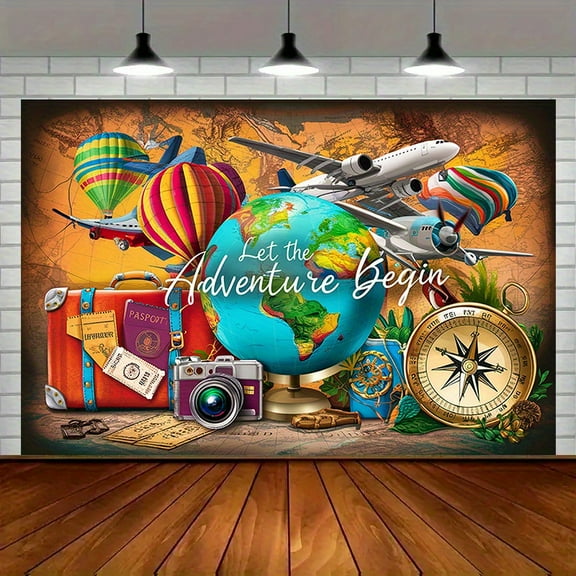 Adventure Awaits Backdrop Let The Adventure Begin Baby Shower Photography Background Vintage World Map Global Travel Airplane Birthday Bridal Shower Party Decorations Banner Photo Booth Props