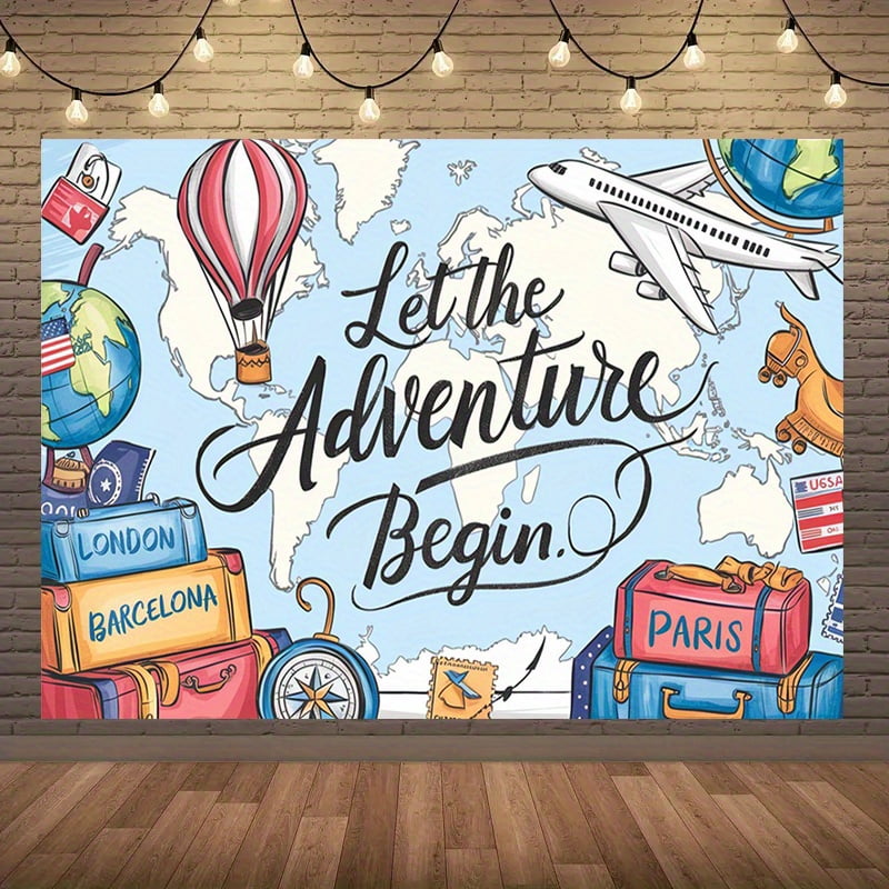Adventure Awaits Glitter Banner – Baby Shower, Going Away, Travel Theme Party Decor