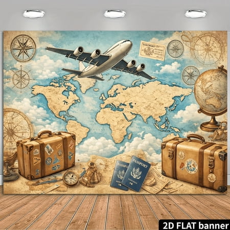 Adventure Awaits Backdrop Let The Adventure Begin Background Vintage World Map Airplane Travel Around The World Birthday Party Decorations Banner Supplies Photo Booth Props