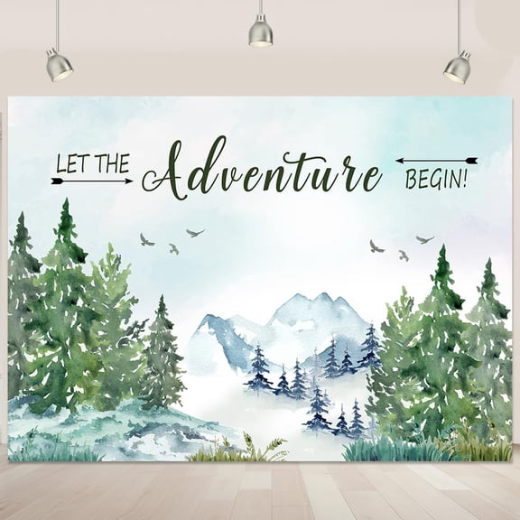 Adventure Awaits Backdrop Let The Adventure Begin Background Wilderness Woodland Pine Tree Mountain Adventure Baby Shower Party Decorations Banner Supplies Photo Booth Props