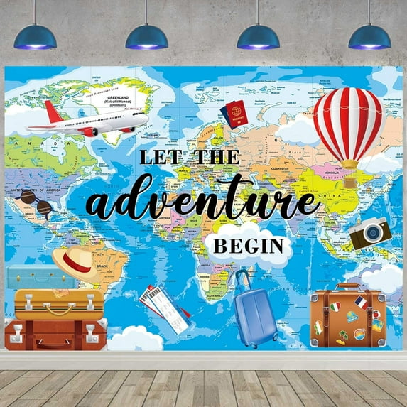 Adventure Awaits Backdrop Travel Theme Photography Background Let The Adventure Begin World Map Graduation Travel Birthday Party Baby Shower Decorations Banner