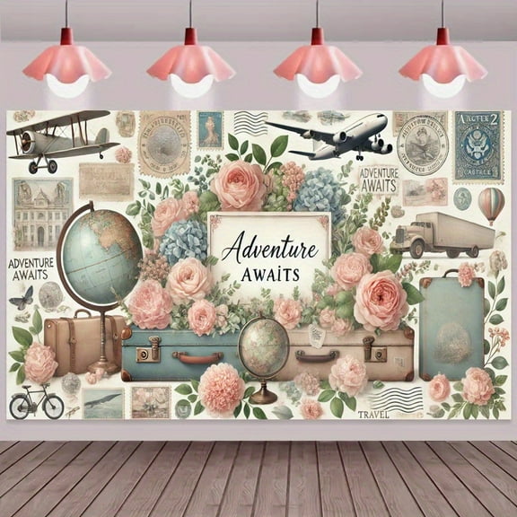 Adventure Awaits Backdrop Travel Themed Let The Adventure Begin Photography Background World Vintage Airplane Travel Around The World Birthday Bridal Shower Party Decorations Banner Photo Booth Props