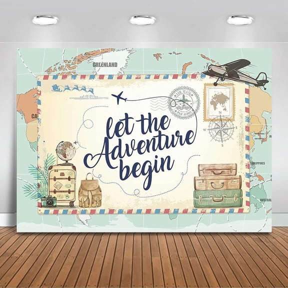 Adventure Awaits Backdrop World Map Let The Adventure Begin Baby Shower Party Decorations Photo Backdrops Global Travel Airplane Birthday Bridal Shower Photography Background