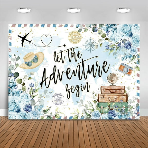 Adventure Awaits Backdrop World Map Let The Adventure Begin Baby Shower Party Decorations Large Travel Theme Photography Background (Blue)