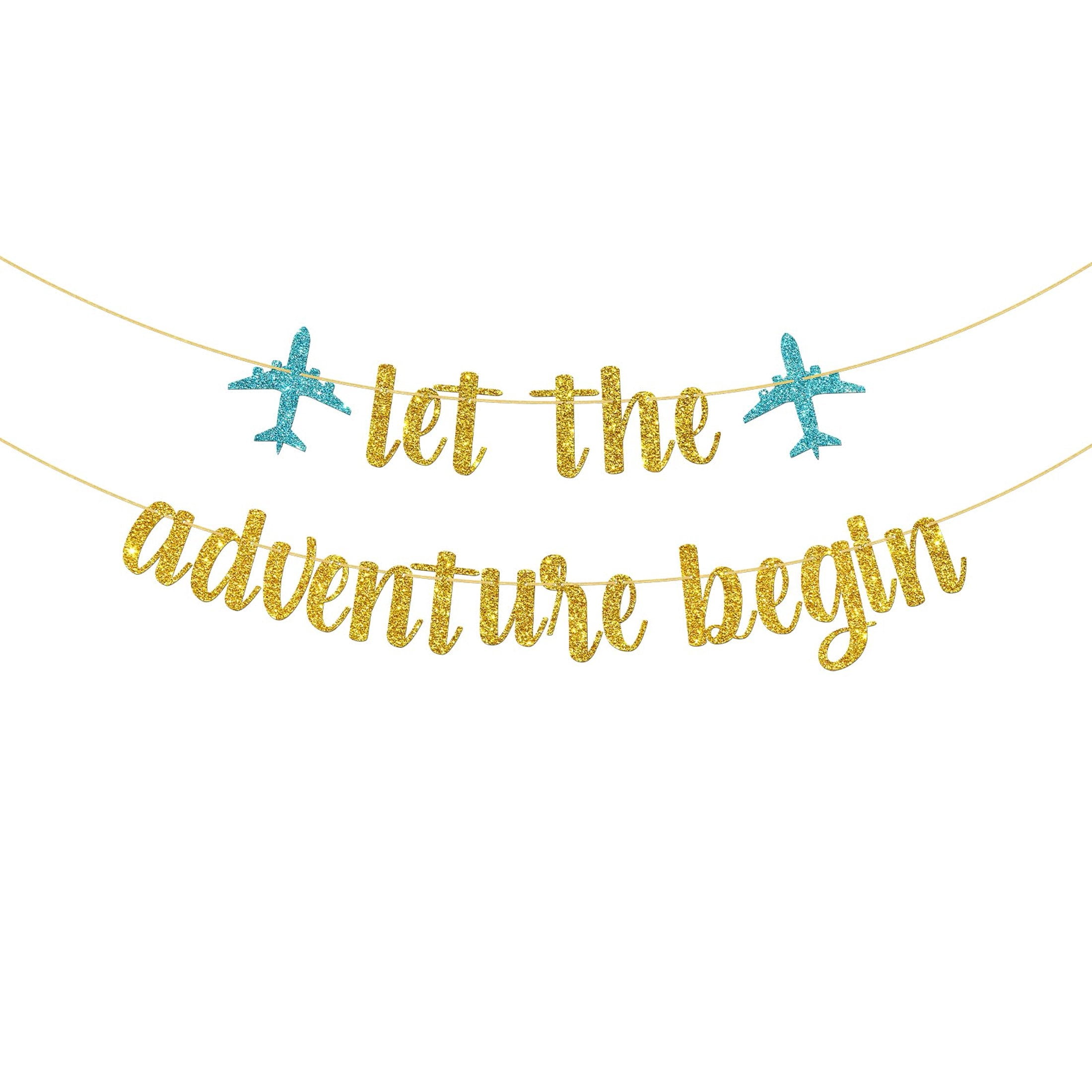 Adventure Awaits Glitter Banner – Baby Shower, Going Away, Travel Theme Party Decor
