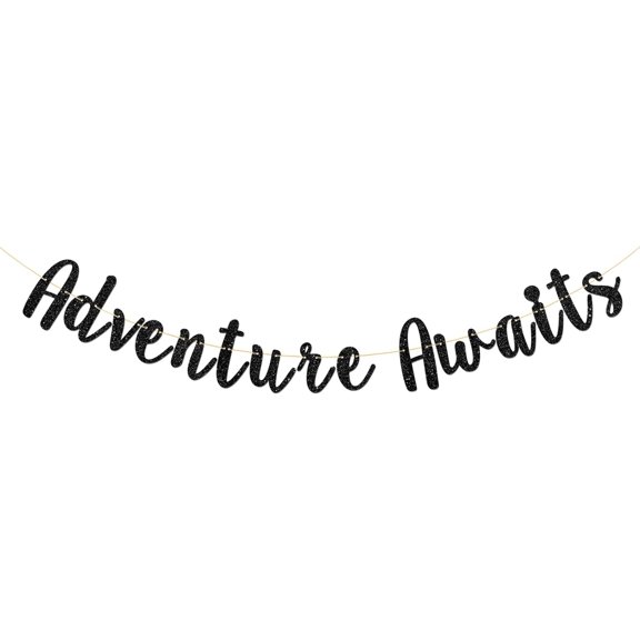 Adventure Awaits Banner, Retirement Party, Graduation, Farewell, Wedding, Congrats Grad Party Decorations (Black Glitter)