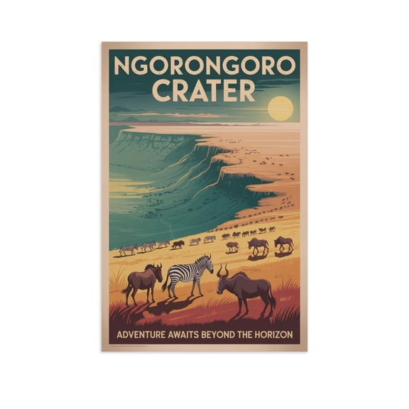 Adventure Awaits Beyond The Horizon Ngorongoro Crater Retro Travel Poster Vintage Inspirational Wall Art Print for Office Bedroom Creative Studio Print Poster