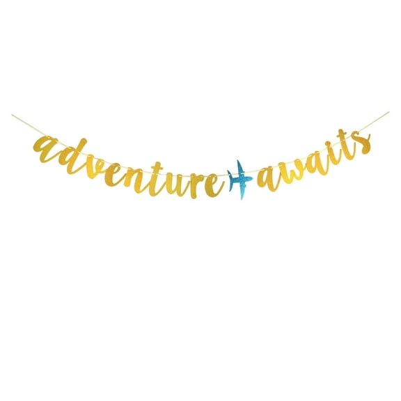 Adventure Awaits With Blue Airplane Banner, Gold Paper Sign For Travel Themed Party, Moving Away / Graduation / Travel / Farewell / Retirement / Birthday / Baby Shower / Wedding Engagement
