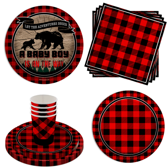 Adventure Awaits with Buffalo Plaid Boy Baby Shower Party Supplies - Rustic Baby Shower Party Supplies 64 Piece Tableware Set Includes Large 9" Paper Plates Dessert Plates, Cups and Napkins Kit for 16