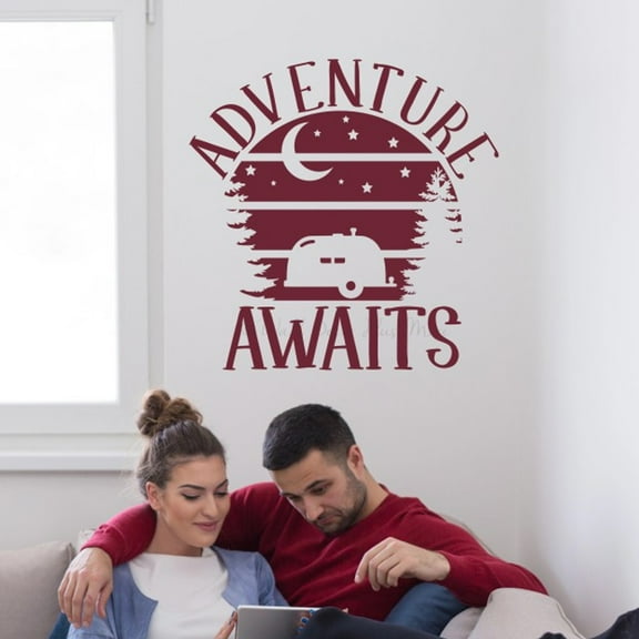 Adventure Awaits Camper Sky Silhouette RV Decals - Vinyl Camper Decals - Decals for RV Trailers - Vintage RV Art Die-Cut Vinyl Graphics - Camper Decals Sayings for Wall Décor, 23x23-Inch, Burgundy