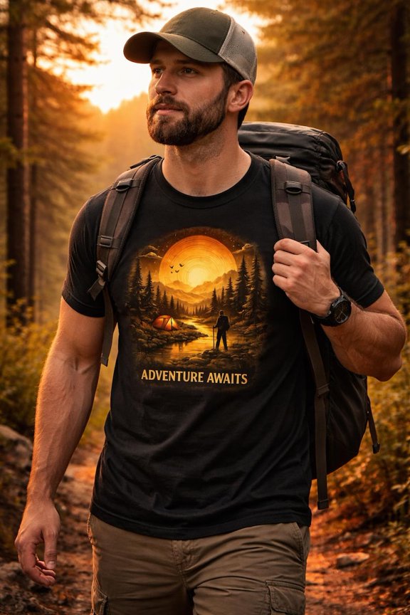 Adventure Awaits Camping T-Shirt, Hiking Mountain Sunset Graphic Tee, Outdoor Nature Explorer Shirt, National Park Style Unisex T-Shirt