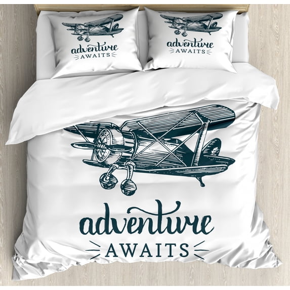 Adventure Awaits Duvet Cover Set Queen Size, Vintage Airplane with Inspirational Typography Aviation Theme, Decorative 3 Piece Bedding Set with 2 Pillow Shams, Dark Petrol Blue White, by Ambesonne