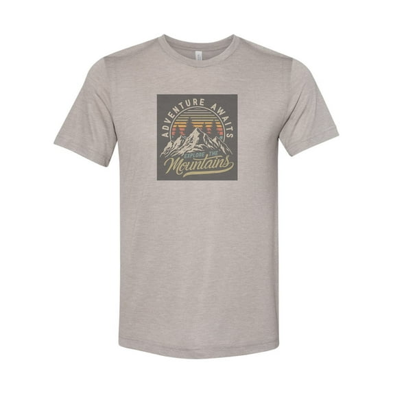 "Adventure Awaits Explore The Mountains, Adventure Shirt, Unisex T, Sublimation Tee, Mountains, Adventure Awaits, Mountain Apparel, Colorado, Heather Stone, LARGE"