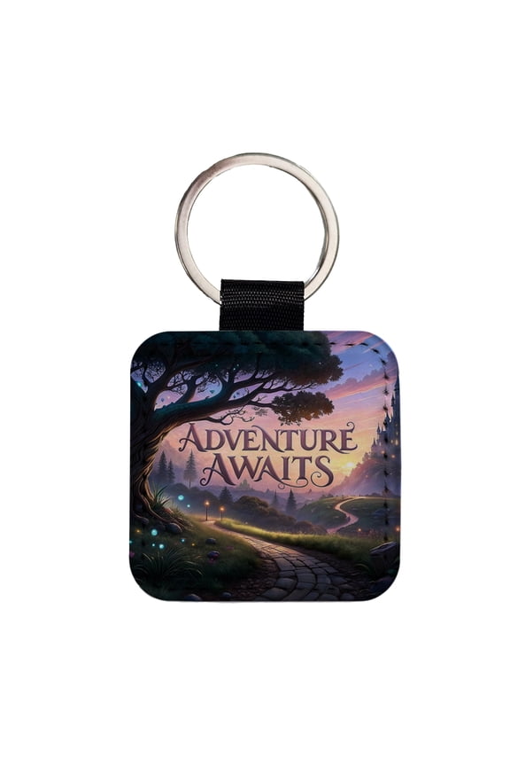Adventure Awaits Fantasy World Faux Leather Square Keychain