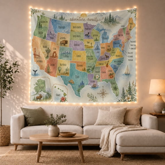 Adventure Awaits Illustrated with United America Soft, Inspirational Illustration for Art Lovers, Wall Decor, Valentine'S Day Gift, Tapestry Wall Hanging for Dorm and Living Room