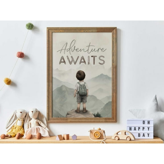 Adventure Awaits, Inspirational Boy Explorer Art, Vintage Mountain Landscape, Green & Brown Nursery Decor, Wall Art Wall Art, Modern Wall Decor, 8x12 UNFRAMED