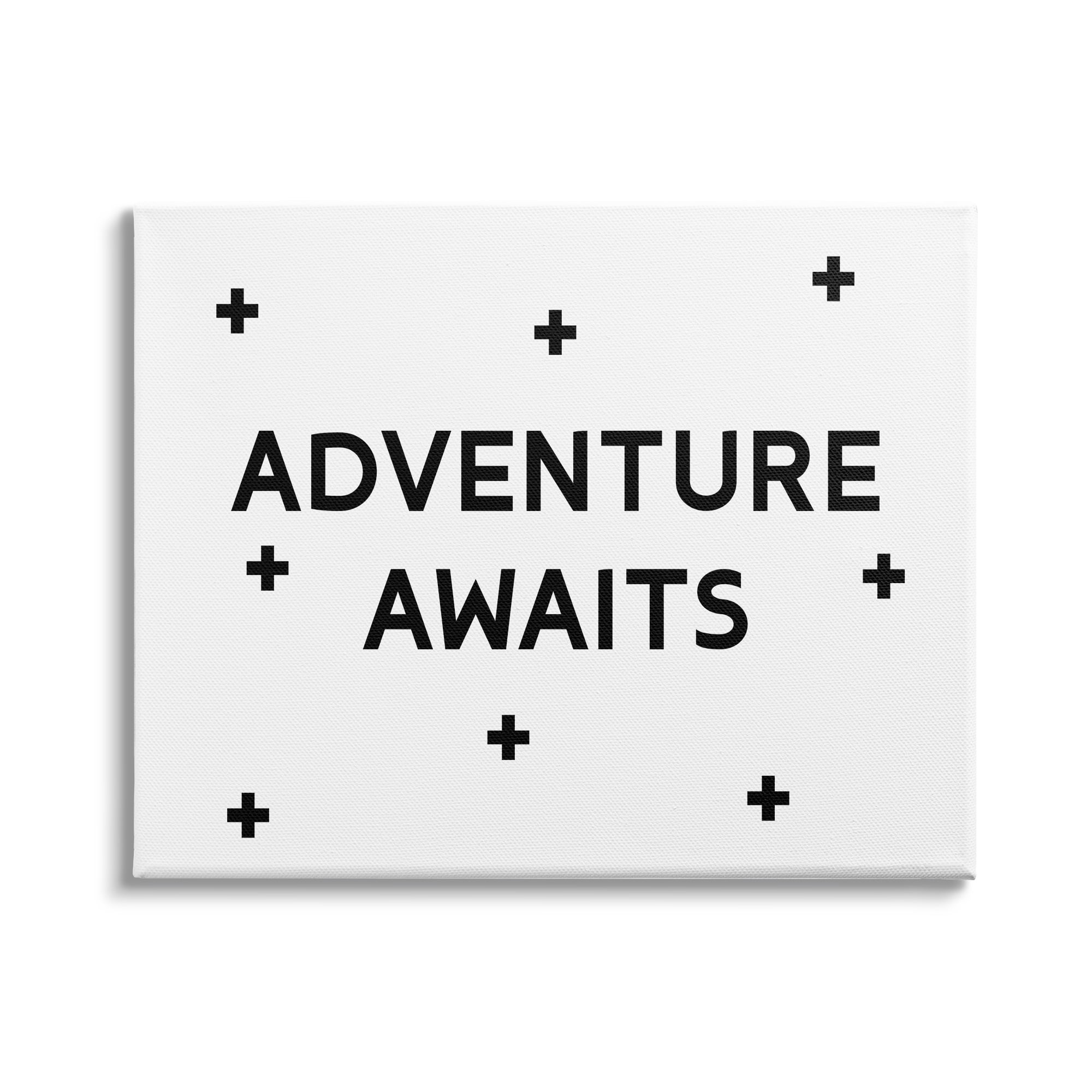 Adventure Awaits Motivational Phrase Minimal Pattern Black White 30 in x 24 in Drawing Canvas Art Print, by Stupell Home Décor