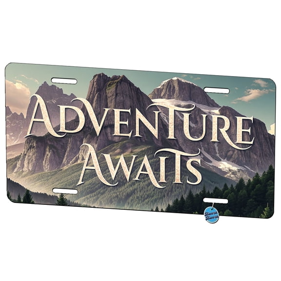 Adventure Awaits Mountains Hiking Camping Metal Novelty License Plate