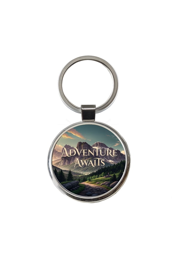 Adventure Awaits Mountains Hiking Camping Metal Round Keychain
