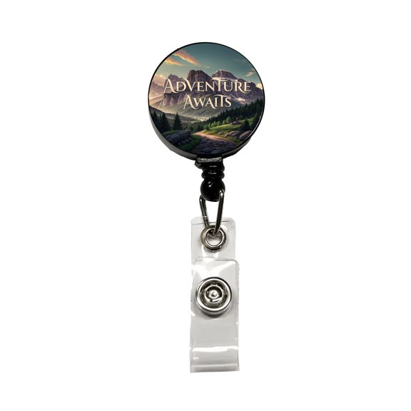 Adventure Awaits Mountains Hiking Camping Retractable Reel ID Badge Key Card Name Tag Holder with Clip