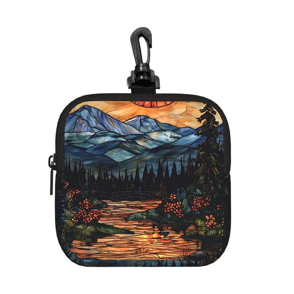 Adventure Awaits Mountains Stained Glass Art Square Gear Pouch with Lobster Clasp Waterproof Tech Accessory Organizer, Key & Coin Case