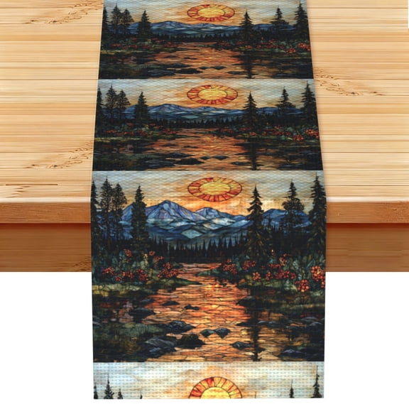 Adventure Awaits Mountains Stained Glass Art Table Runner 13x72 Inch for Dining Table Kitchen Wedding Party Decor Fireplace Mantle