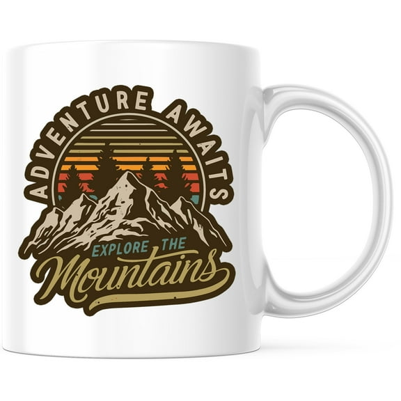 Adventure Awaits Mug, Explore The Mountains Mug, Nature Lover Gift, Outdoors Coffee Mug, Hiking Mug, Gift For Him, Gift For Her, Mountains Design Mug - 11 Ounce Novelty Coffee Cup - WMUG0180