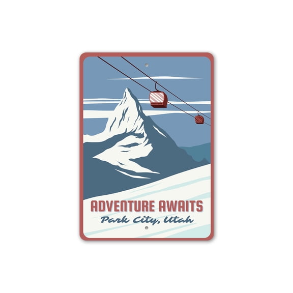 Adventure Awaits Park City Utah Ski Lift Aluminum Metal Decor Sign - 4x18 inches
