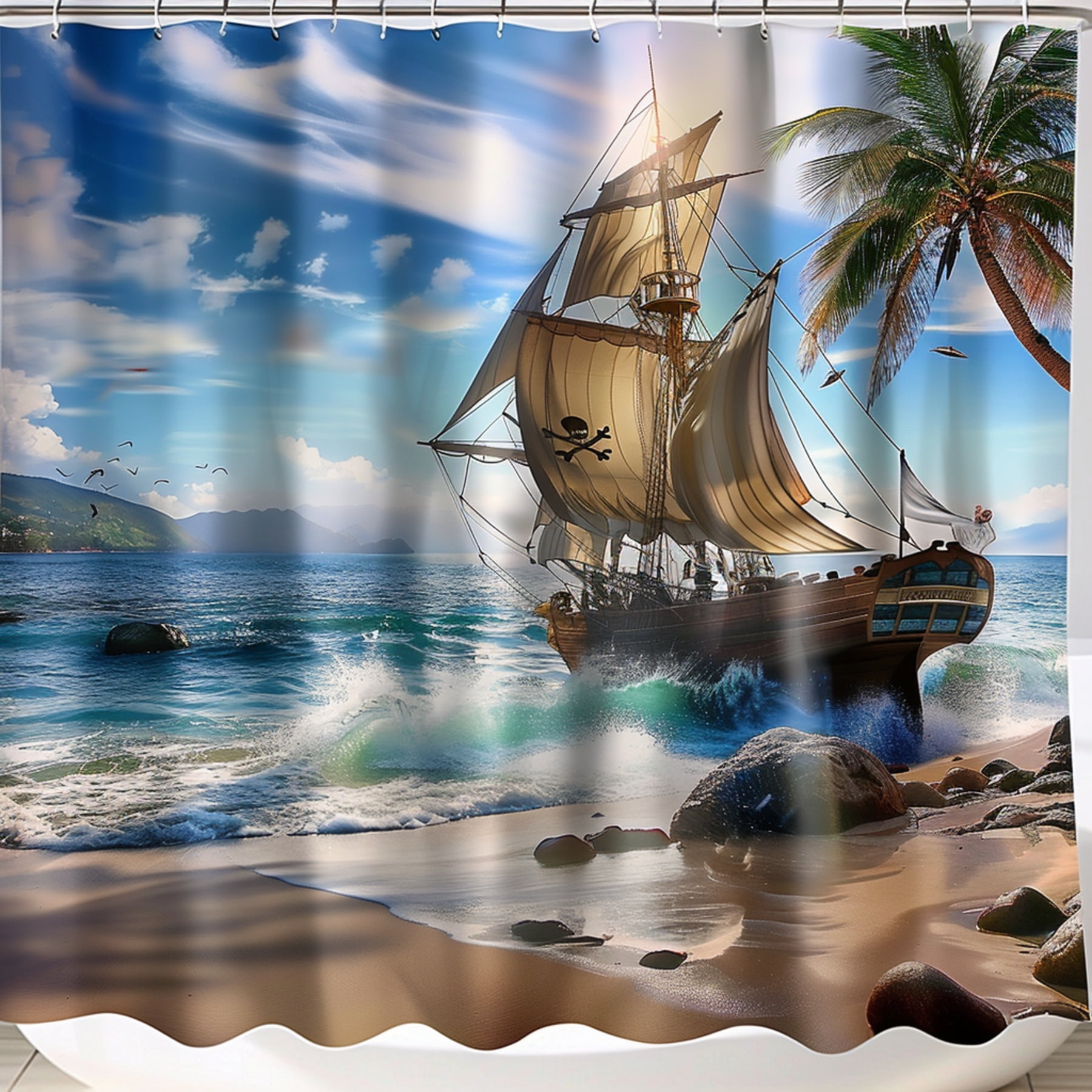 Adventure Awaits Pirate Ship Beach Scene Shower Curtain Tropical ...