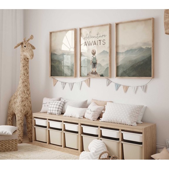 Adventure Awaits Print Adventure Wall Art Boy Mountain Nursery Prints Quote Nursery Art Forest Set 3 Stretched Canvas 12x18