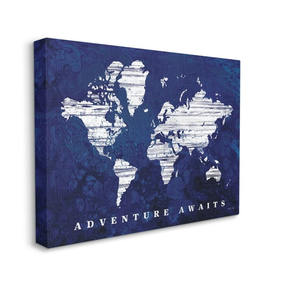 Stupell Industries Adventure Awaits Sentiments Navy Blue World Map,24 x 30,Designed by Cindy Jacobs