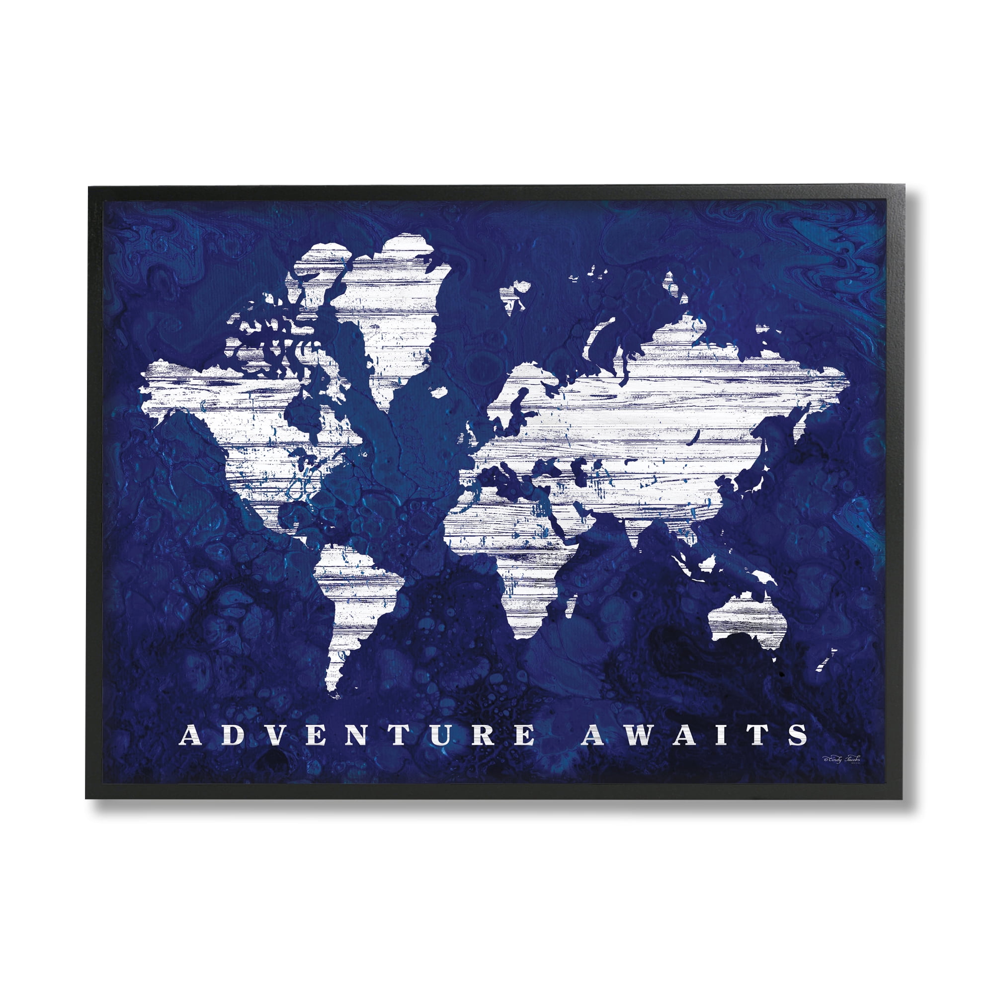 Adventure Awaits Sentiments Navy World Map 14 in x 11 in Framed Painting Art Prints, by Stupell Home Décor