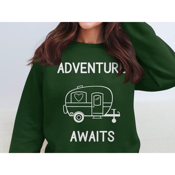 Adventure Awaits Sweatshirt, Cozy Camper Sweatshirt, Adventure Lover Gift, Travel Inspired Apparel, Camping Enthusiast Sweater (ForestGreen, 4XL)