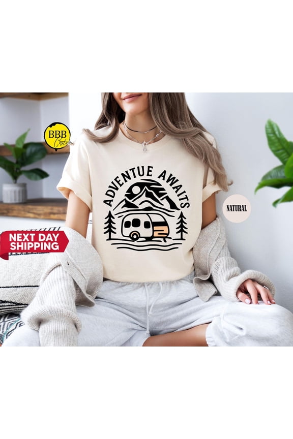 Adventure Awaits T-Shirt: Pine Tree, Moon, Mountain Tee TSHIRT All Size S-5XL