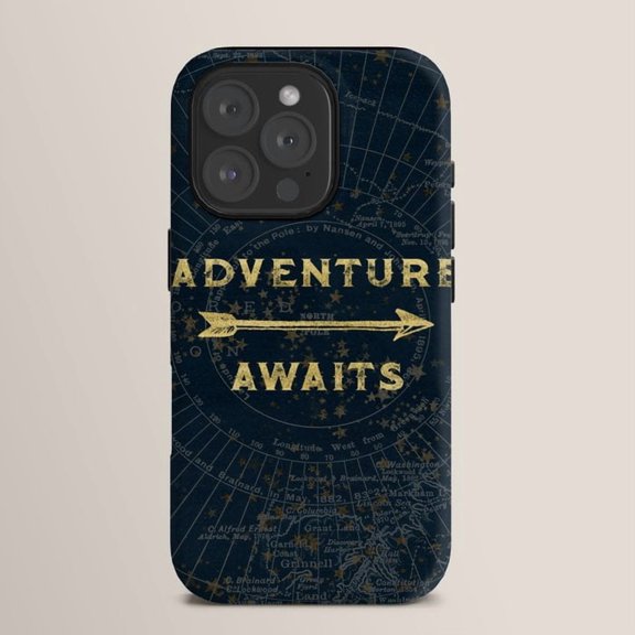 Adventure Awaits Vintage Map and Arrow Tough Case for Apple iPhone Series, Navy Blue and Distressed Gold