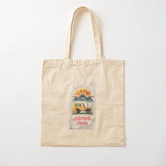 "Adventure Awaits – Vintage Off-Road Vehicle With Mountains & Sunset Art" Cotton Tote Bag Canvas Tote Bag, Family Gift For Mother, Her