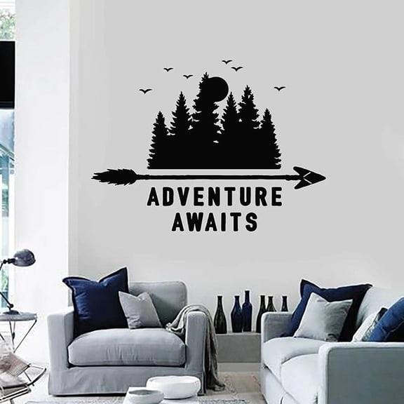 Adventure Awaits Wall Decal Phrase Travel Nature LandscapeTrees Forest Vinyl Window Stickers Living Room Home Decor Mural 57x77cm