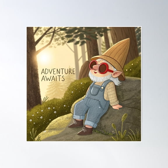 Adventure Awaits – Whimsical Gnome In Forest Light Poster Wall Art, Modern Wall Decor, 16x16 UNFRAMED