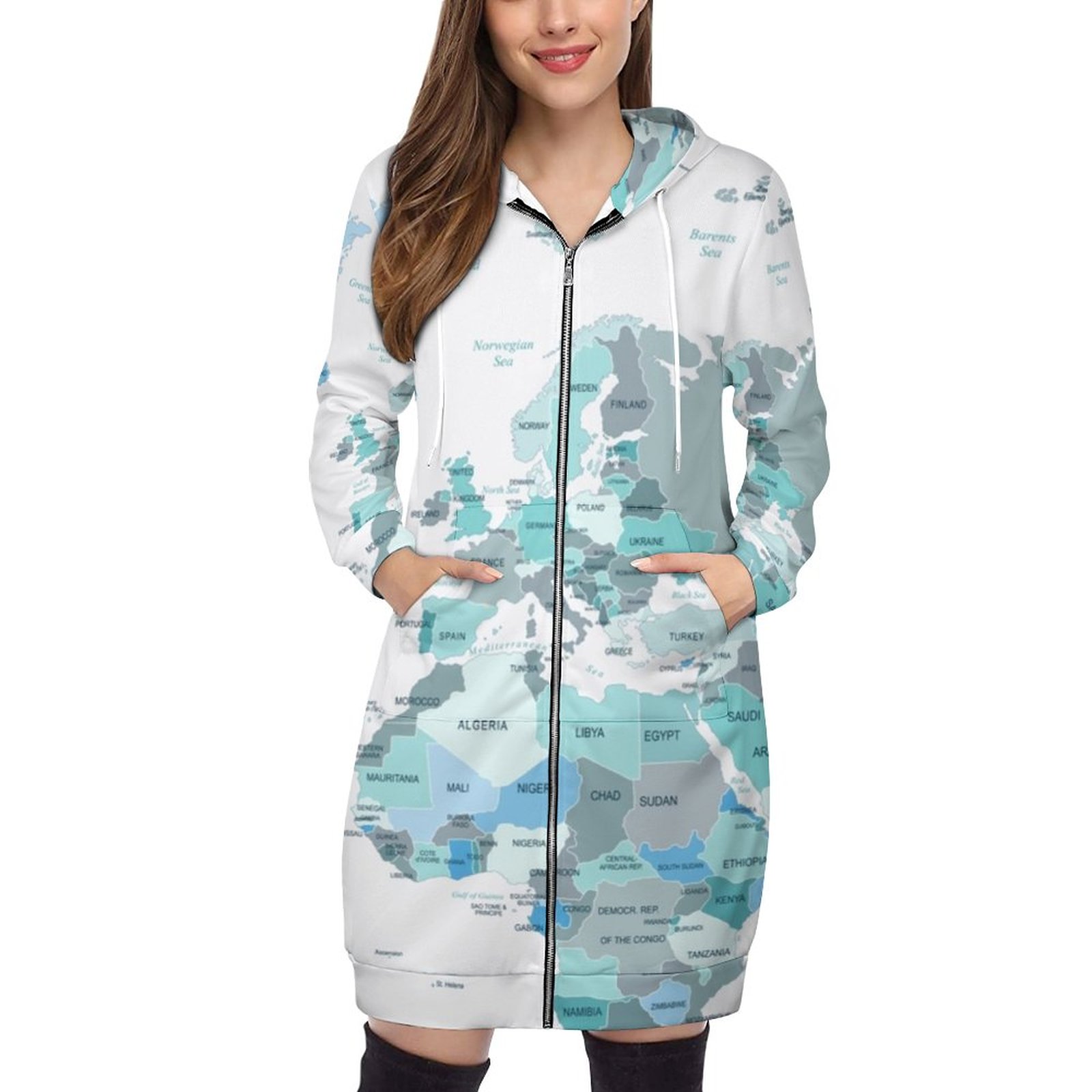 Adventure Awaits World Map In Teal Hoodie Sweatshirts Women Pullover