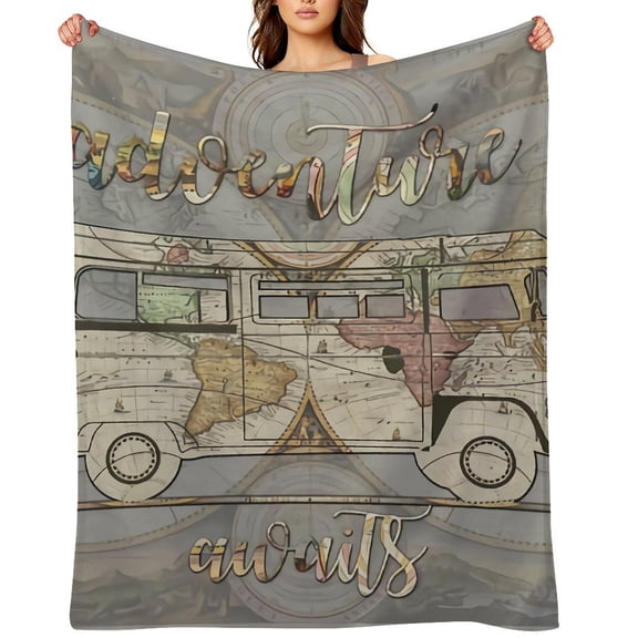Adventure Awaits World Map Printed Throw Blanket，Kids Adults Soft Lightweight Flannel Fleece Blanket for Couch Sofa Bed Living Room 60"×80"