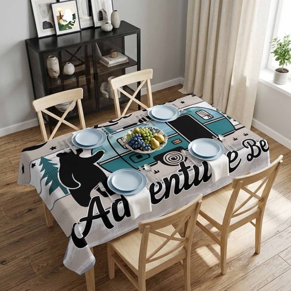 Adventure Bear Camper Van Rectangle Tablecloth 52x70 Inch Retro Forest Wood Grain Waterproof Tablecloth for Dining Table, Washable Table Cover for Kitchen Dining Room Decoration,Stain Resistant