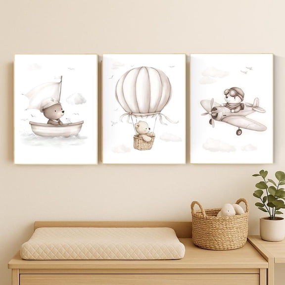 Adventure Bear Nursery Wall Art Set Travel Theme Baby Boy Decor Boat Plane Hot Air Balloon Prints Neutral Nursery Wall Art #185 Set 3