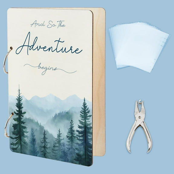 The Adventure Begins Greeting Card Organizer Planning Book Binder Card Keeper Wedding Birthday Cards Holder Forest Wooden Keeper Binder Photo Album Cover with Punch and 20pcs Inner Pockets
