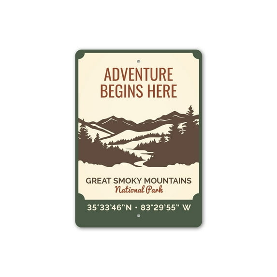 Adventure Begins Here Great Smoky Mountains Metal Park Aluminum Metal Decor Sign - 10x14 inches