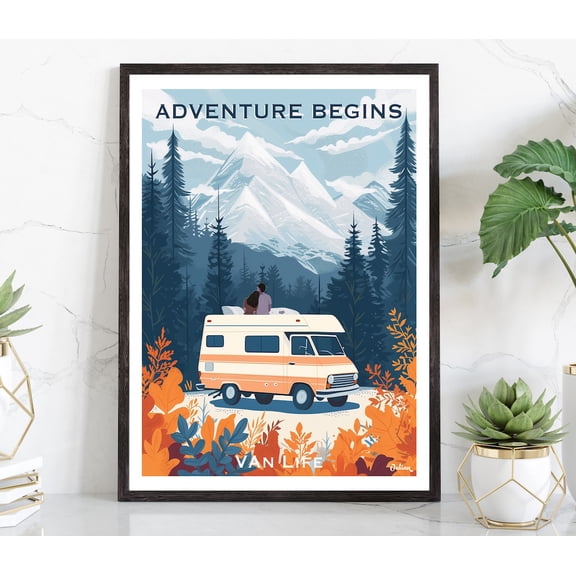 Adventure Begins, Van Life, Travel Print, Modern Wall Art Home Decor #963, 8x12 UNFRAMED