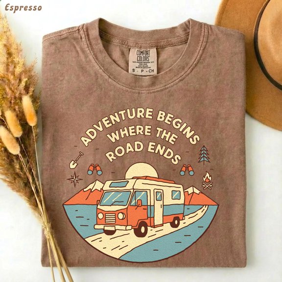 Adventure Begins Where the Road Ends Shirt, Van Life Travel Tee, Camping T-Shirt, Nomad Road Trip Outdoor Gift for Campers