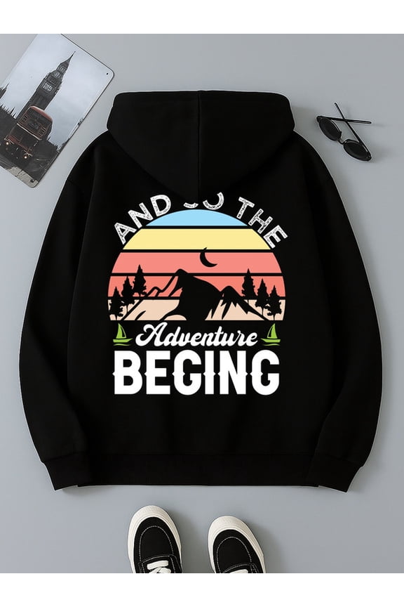 Adventure Begins funny hoodies Camping mens polyester black Drawstring Comfortable Oversized Hooded Pullover Sweatshirt gift high quality graphic cute guys Trendy Unisex hoodie