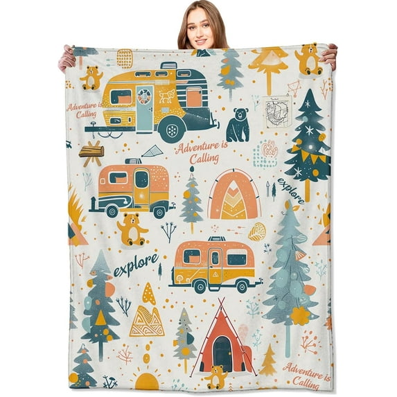 Adventure Camping Blanket Outdoor Camper Picnic Throw Blankets Gifts for Girls Adults Lightweight Soft Fleece Cozy for Sofa Couch Bed Room Travel Birthday Party Decor 40x50in
